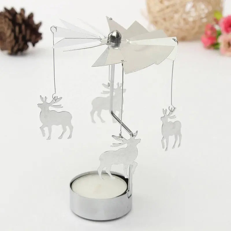 Silver Xmas Rotating Rotary Spinning Carrousel Tea Light Candle Holder Center Decor Newest