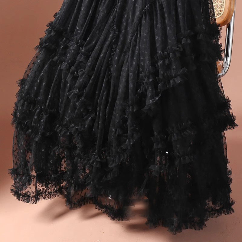 2025 Mesh Heart Printed Skirt Women Elastic High Waist Skirt Elegant Tulle A Line Ruffle Party Skirt Long Summer Saia Feminina