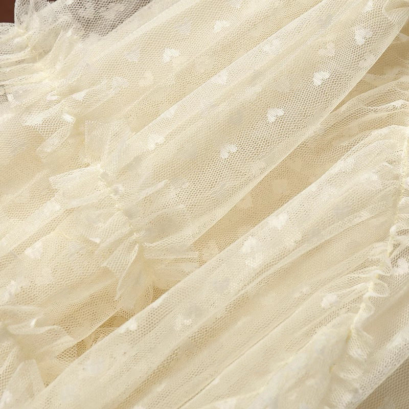 2025 Mesh Heart Printed Skirt Women Elastic High Waist Skirt Elegant Tulle A Line Ruffle Party Skirt Long Summer Saia Feminina