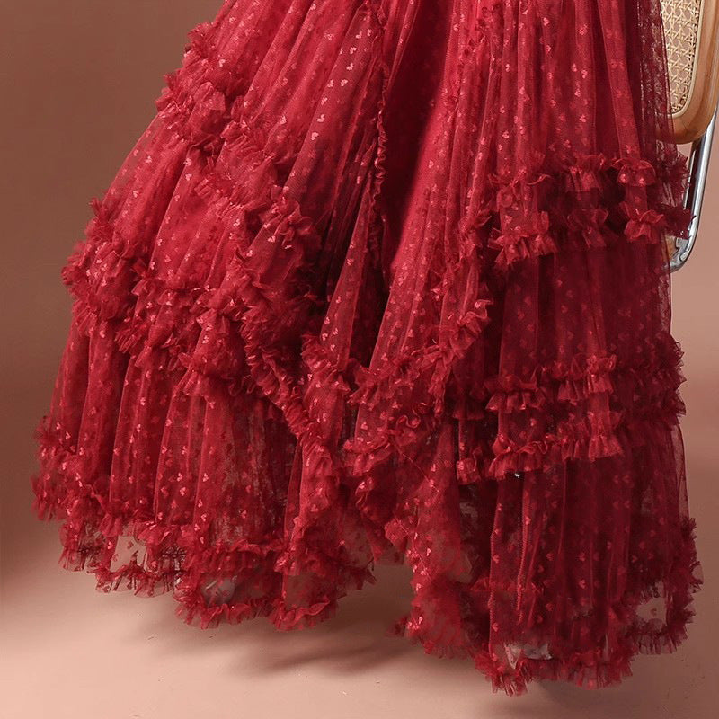 2025 Mesh Heart Printed Skirt Women Elastic High Waist Skirt Elegant Tulle A Line Ruffle Party Skirt Long Summer Saia Feminina