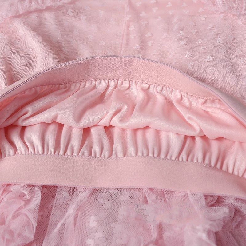 2025 Mesh Heart Printed Skirt Women Elastic High Waist Skirt Elegant Tulle A Line Ruffle Party Skirt Long Summer Saia Feminina