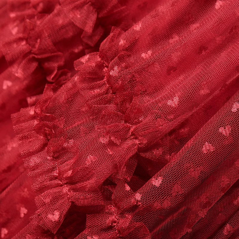 2025 Mesh Heart Printed Skirt Women Elastic High Waist Skirt Elegant Tulle A Line Ruffle Party Skirt Long Summer Saia Feminina