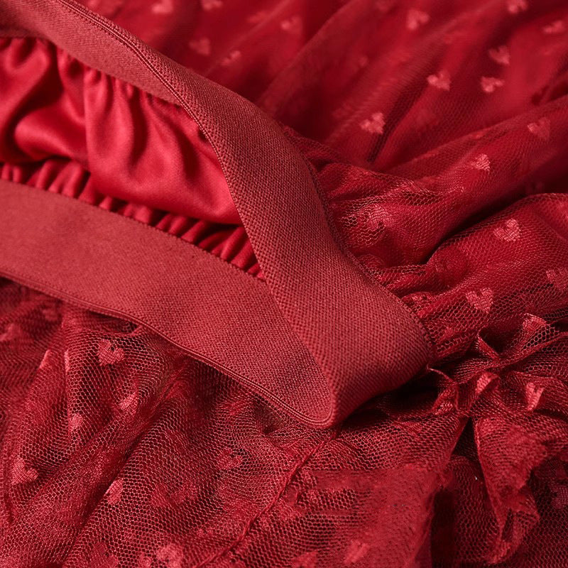 2025 Mesh Heart Printed Skirt Women Elastic High Waist Skirt Elegant Tulle A Line Ruffle Party Skirt Long Summer Saia Feminina