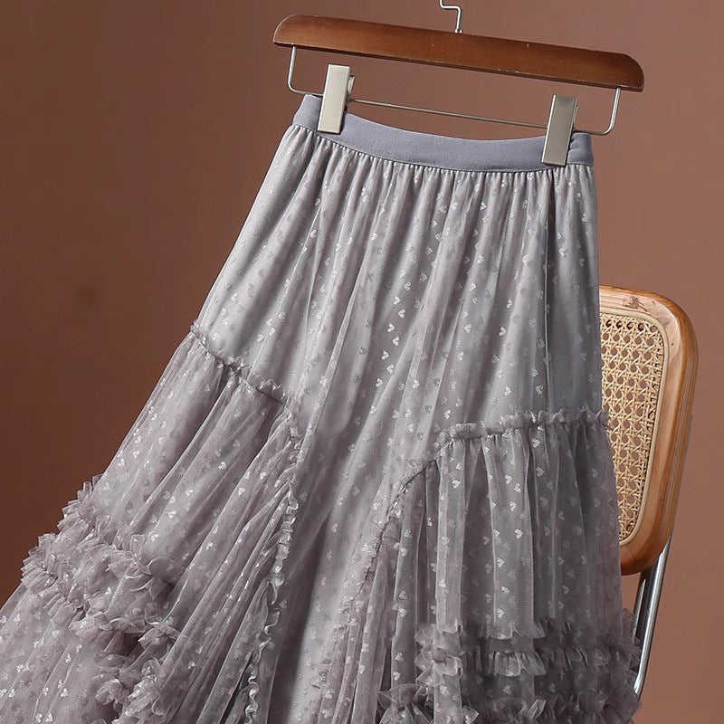 2025 Mesh Heart Printed Skirt Women Elastic High Waist Skirt Elegant Tulle A Line Ruffle Party Skirt Long Summer Saia Feminina