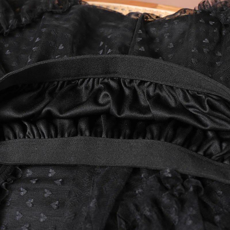 2025 Mesh Heart Printed Skirt Women Elastic High Waist Skirt Elegant Tulle A Line Ruffle Party Skirt Long Summer Saia Feminina