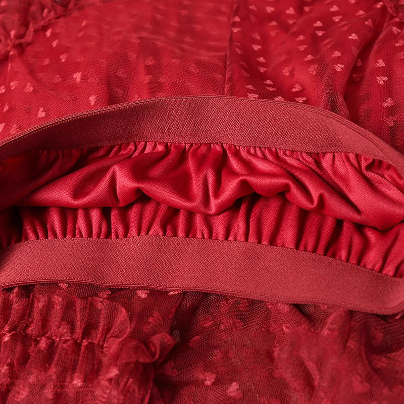 2025 Mesh Heart Printed Skirt Women Elastic High Waist Skirt Elegant Tulle A Line Ruffle Party Skirt Long Summer Saia Feminina