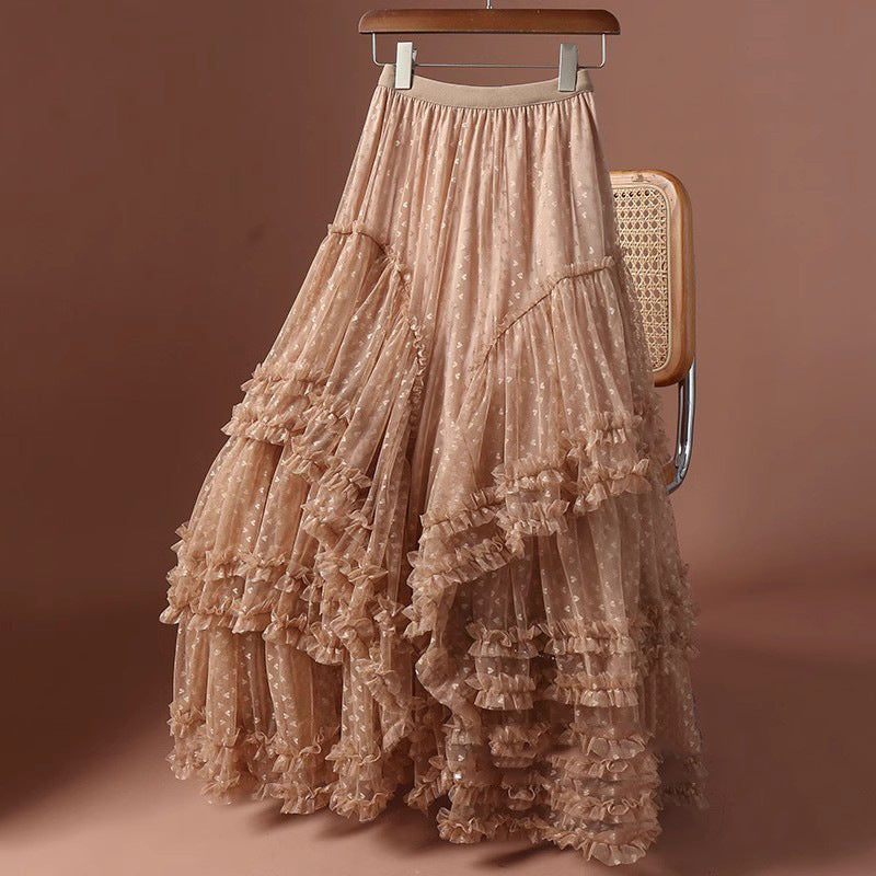 2025 Mesh Heart Printed Skirt Women Elastic High Waist Skirt Elegant Tulle A Line Ruffle Party Skirt Long Summer Saia Feminina