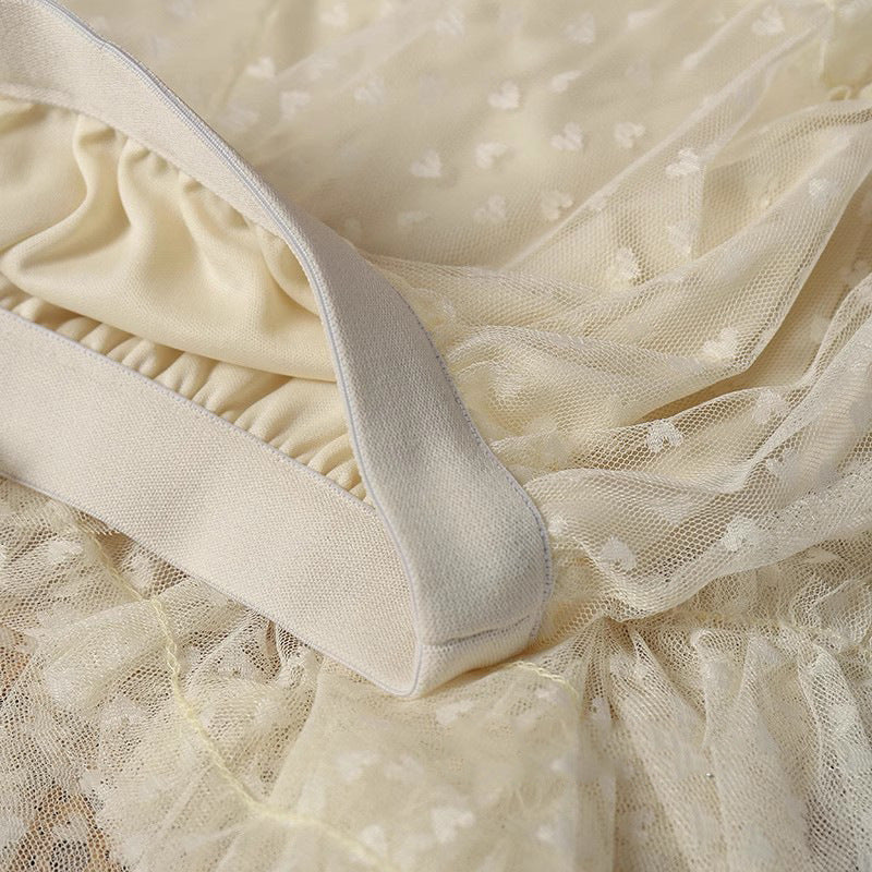 2025 Mesh Heart Printed Skirt Women Elastic High Waist Skirt Elegant Tulle A Line Ruffle Party Skirt Long Summer Saia Feminina