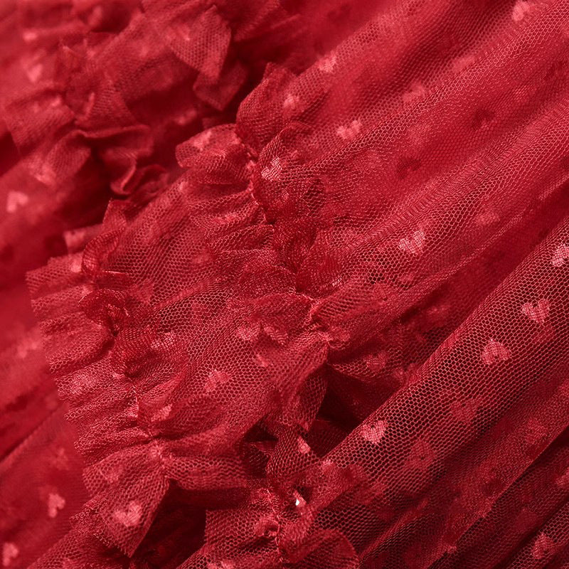 2025 Mesh Heart Printed Skirt Women Elastic High Waist Skirt Elegant Tulle A Line Ruffle Party Skirt Long Summer Saia Feminina