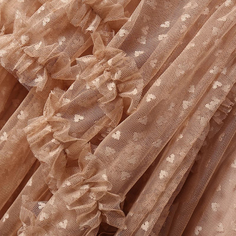 2025 Mesh Heart Printed Skirt Women Elastic High Waist Skirt Elegant Tulle A Line Ruffle Party Skirt Long Summer Saia Feminina