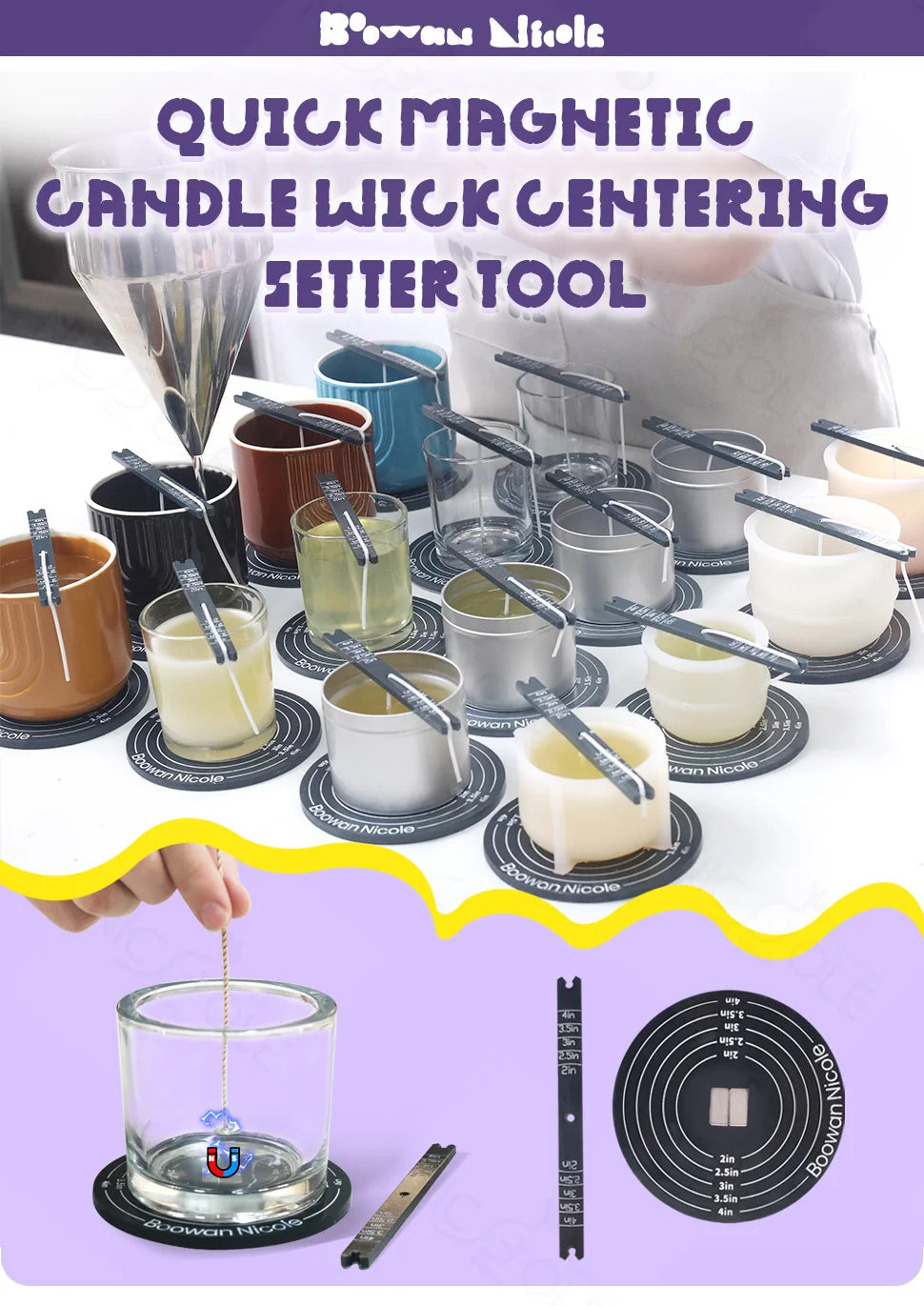 Nicole Quick Magnetic Candle Wick Centering Setter Tool & Wick Holder Candle Centering Device for Candle Making