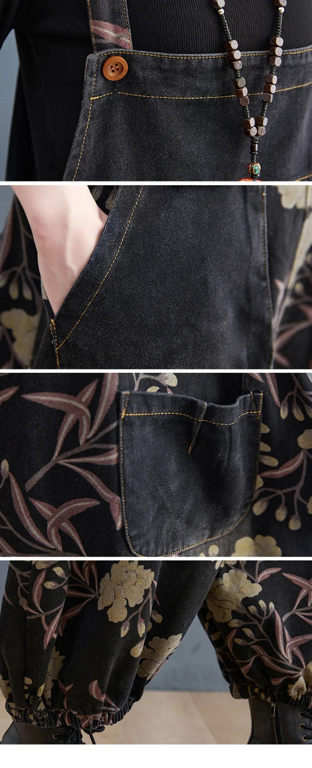 Slimming Floral Print Denim Overalls Women's Loose Fit High Waist Long Pants Autumn Season Faion plus Size Jeans Overalls