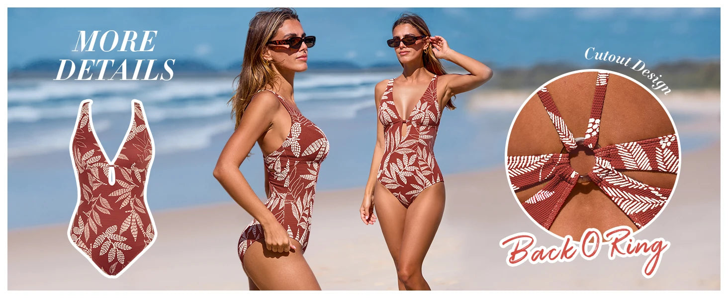 Women's One Piece Swimsuit Deep V Neck Keyhole Cutout O Ring Textured Bathing Suit