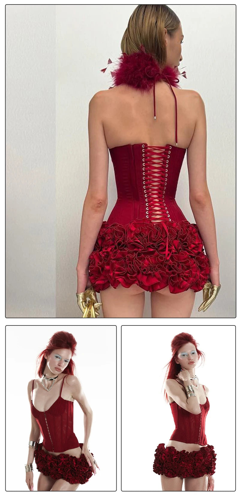 VC Christmas Dress Strapless Red Structured Top With Floral Embellished Mini Skirt Bodycon Celebrity Party Cocktail 2 Pieces Set