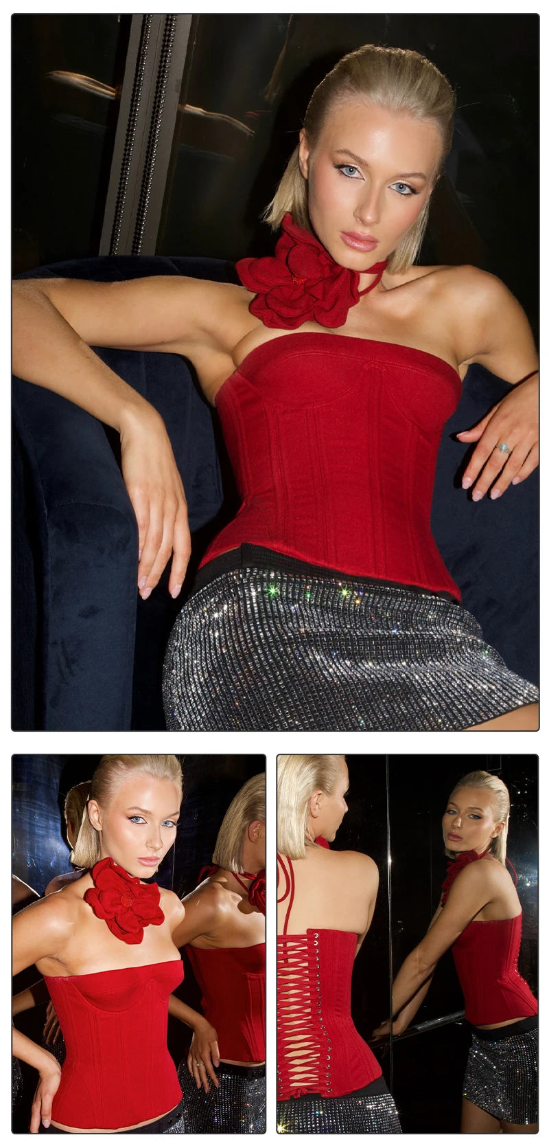 VC Christmas Dress Strapless Red Structured Top With Floral Embellished Mini Skirt Bodycon Celebrity Party Cocktail 2 Pieces Set