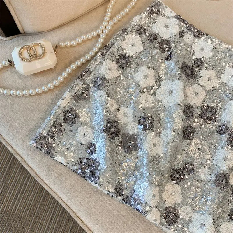 Skirt Western-style high-end waist slim anti-exposure summer and autumn heavy industry silver sequined flower temperament skirt