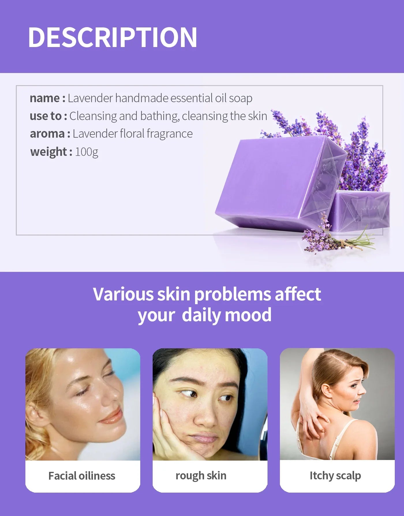 Natural Organic Lavender Essential Oil Soap Handmade Soap for Cleansing, Refreshing, Oil Control, Bath Soap