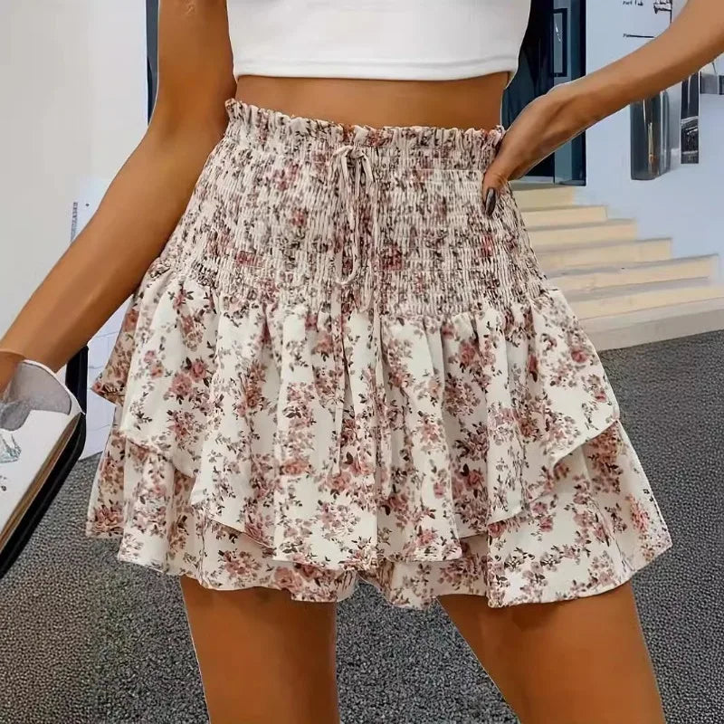 Women's Casual Floral Print Shorts Skirt 2024 Summer Vintage Women's High Waist Pleated Mini Skirt Fashion Loose Elastic Shorts