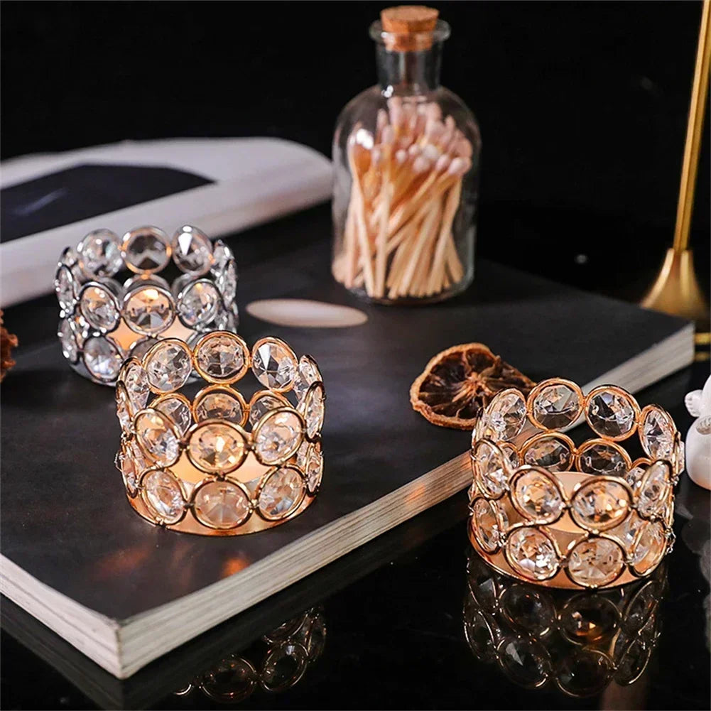 Crystal Tealight Candle Lantern Holders Crystal Candlestick Desktop Candlelight Dinner Prop Metal Ornament Candle Holder