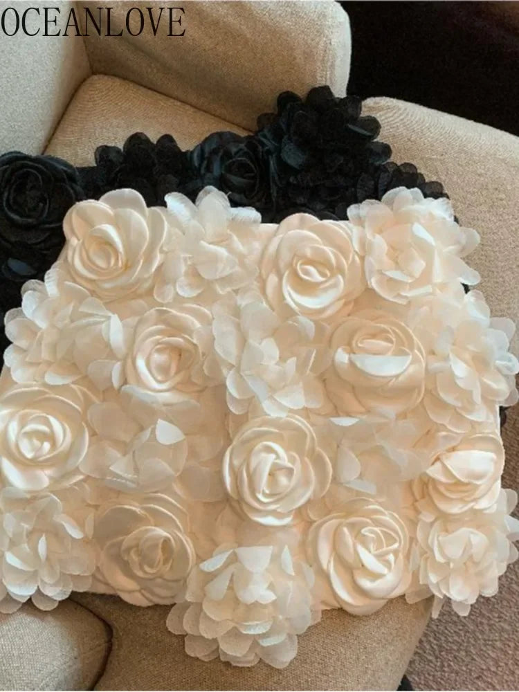 OCEANLOVE 3D Flowers Women Skirts Autumn Winter Solid Vintage Sweet Faldas Mujer Korean Fashion Elegant A-line Mini Skirt