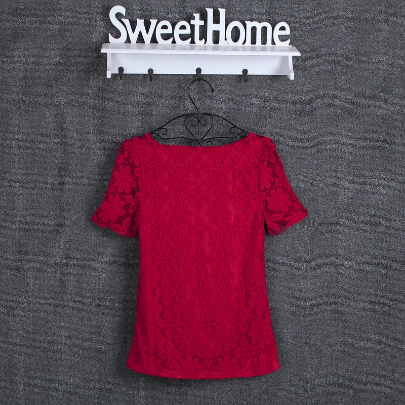 Summer Lace Women Blouse Shirt Casual Solid Hollow Clothing Top