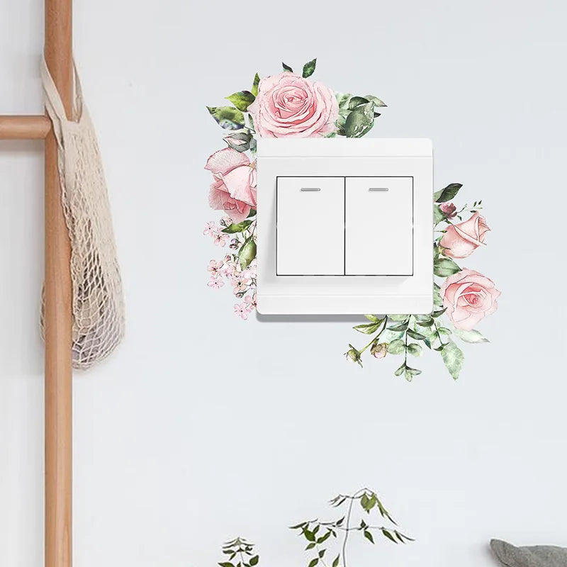 1PC Pink Rose Green Leaf Sticker Decorative Switch Beautification Wall Wall Sticker Self Adhesive Waterproof Sticker