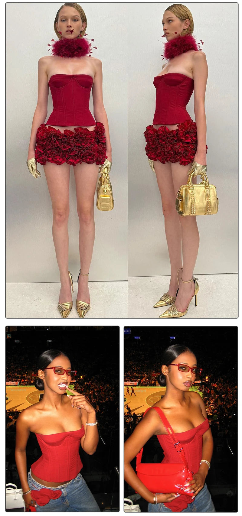 VC Christmas Dress Strapless Red Structured Top With Floral Embellished Mini Skirt Bodycon Celebrity Party Cocktail 2 Pieces Set