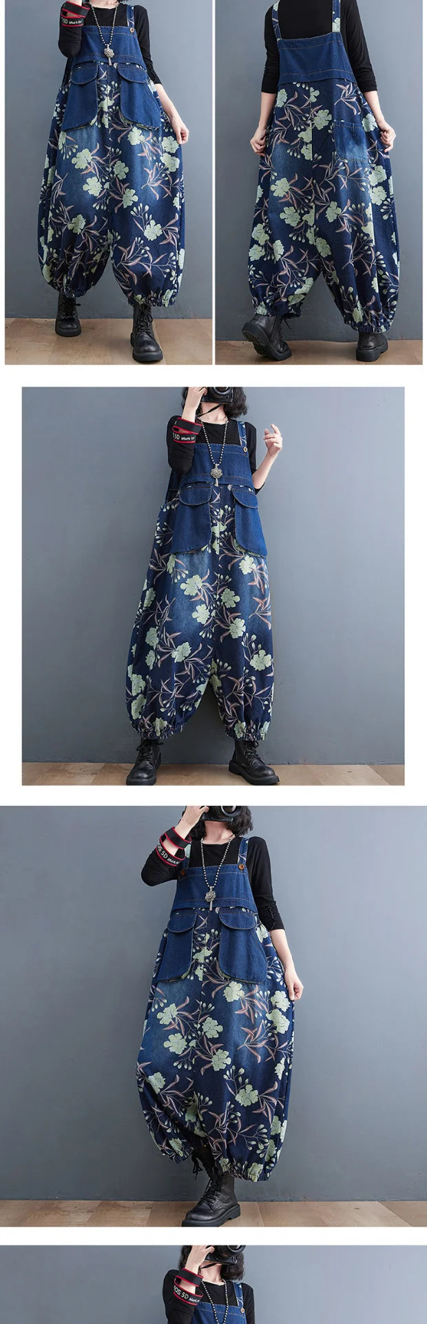 Slimming Floral Print Denim Overalls Women's Loose Fit High Waist Long Pants Autumn Season Faion plus Size Jeans Overalls