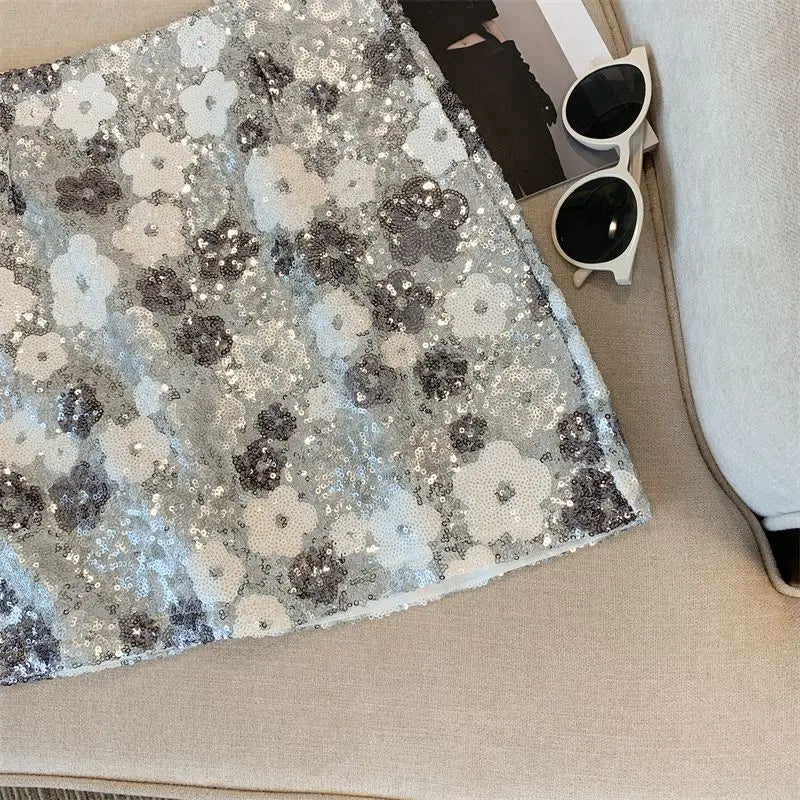 Skirt Western-style high-end waist slim anti-exposure summer and autumn heavy industry silver sequined flower temperament skirt