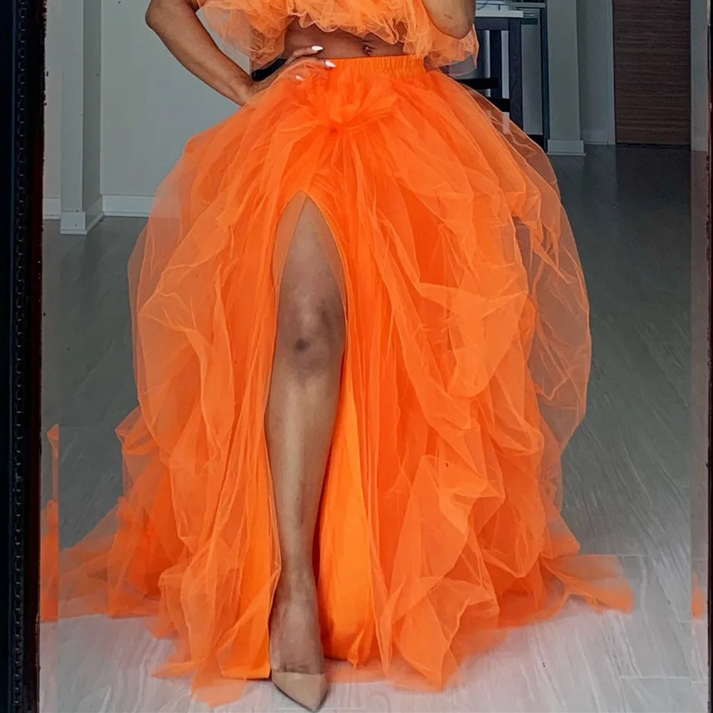 Women Layered Tulle Tutu Skirts for Evening Party Wedding High Waist Long Split Skirts Ladies Princess Bridal Prom Skirts Female