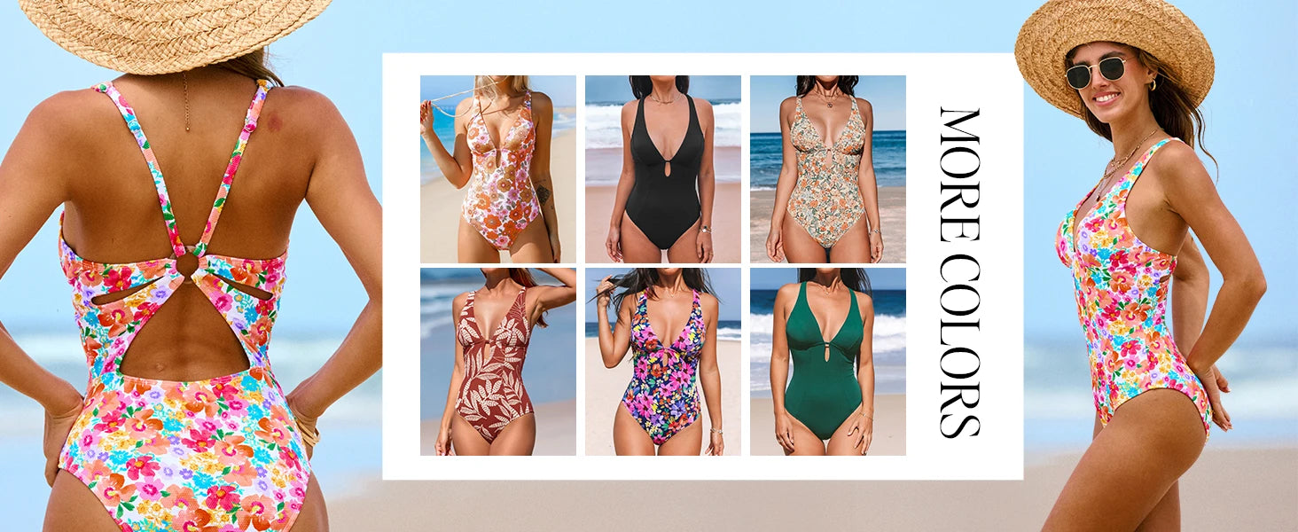 Women's One Piece Swimsuit Deep V Neck Keyhole Cutout O Ring Textured Bathing Suit