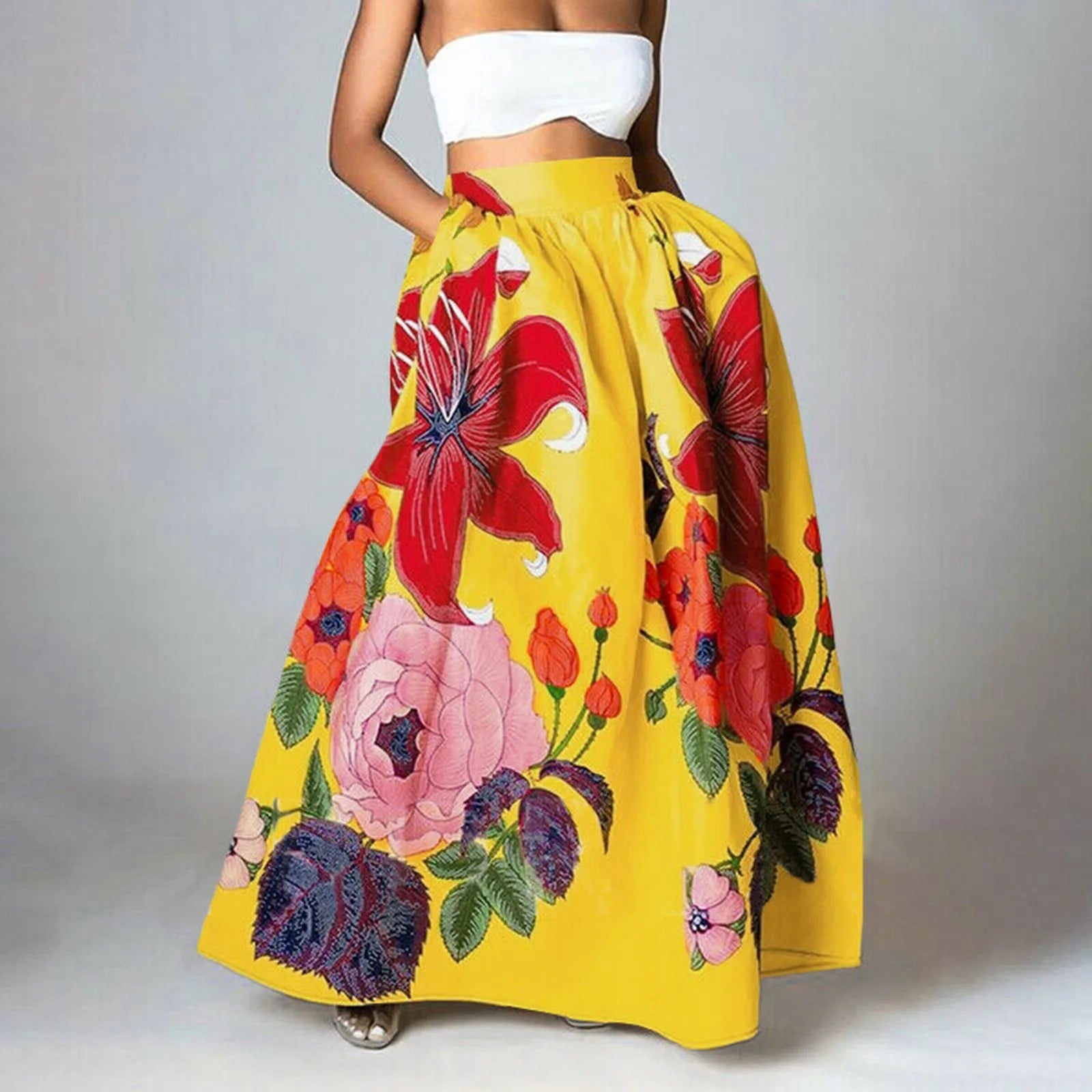Bohemian Women Long Skirt Large Swing High Waist Floral Printing A-Line Skirt Women Faldas Fashion Casual Party Skirt Pockets