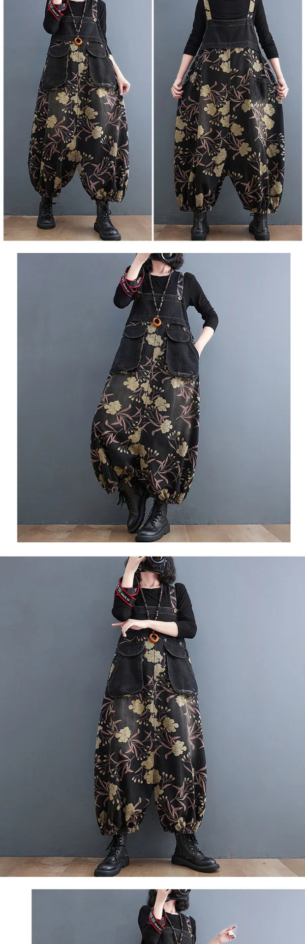 Slimming Floral Print Denim Overalls Women's Loose Fit High Waist Long Pants Autumn Season Faion plus Size Jeans Overalls