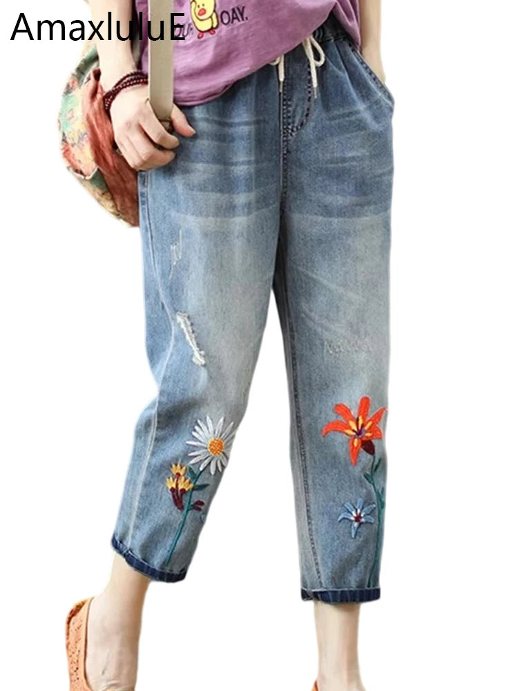AmaxluluE Summer Fashion Ladies Elastic Elegant Jeans Womens Casual Floral Embroidery Denim Trousers Females Loose Harem Pants
