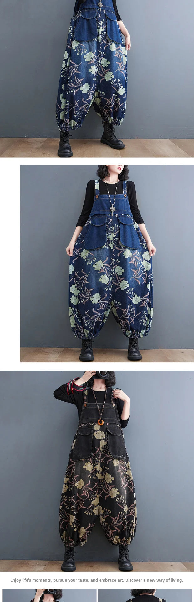 Slimming Floral Print Denim Overalls Women's Loose Fit High Waist Long Pants Autumn Season Faion plus Size Jeans Overalls