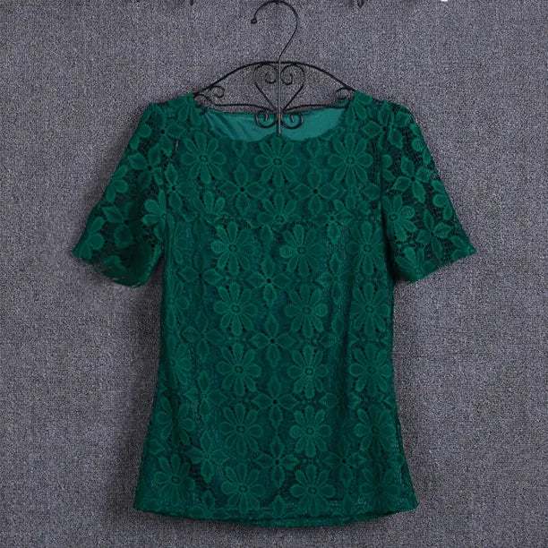 Summer Lace Women Blouse Shirt Casual Solid Hollow Clothing Top