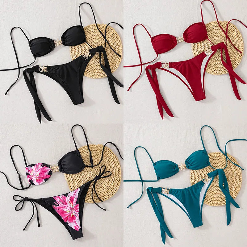 2025 Sexy Women's Bikini Set - Adjustable Tie Side Bandage Triangle Top & Low Rise Bottom with Starfish Metal Drawstring Summer