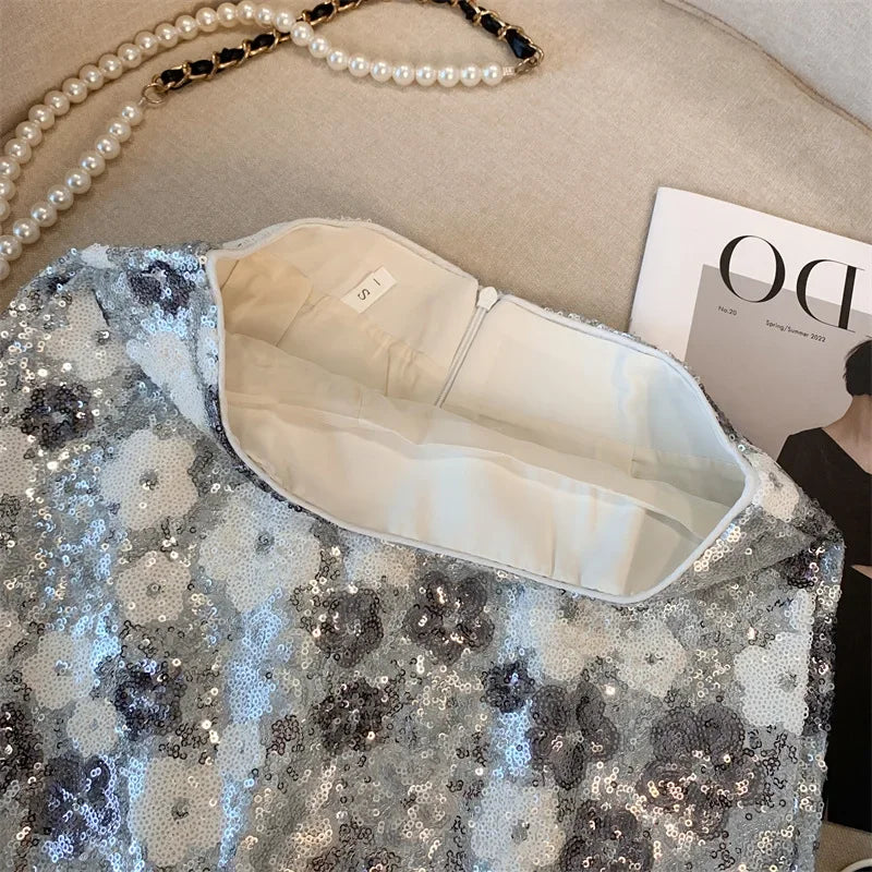 Skirt Western-style high-end waist slim anti-exposure summer and autumn heavy industry silver sequined flower temperament skirt