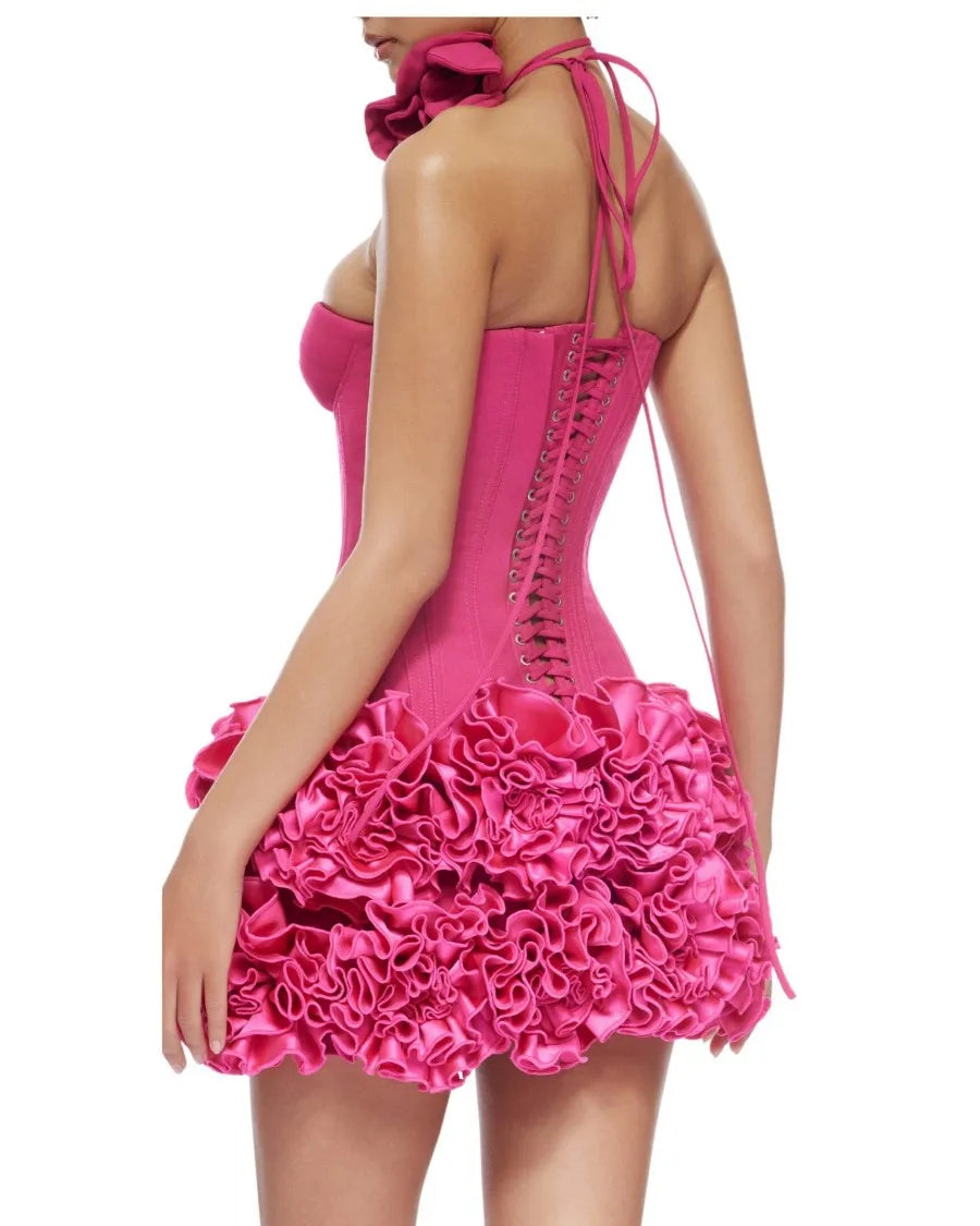 VC Christmas Dress Strapless Red Structured Top With Floral Embellished Mini Skirt Bodycon Celebrity Party Cocktail 2 Pieces Set