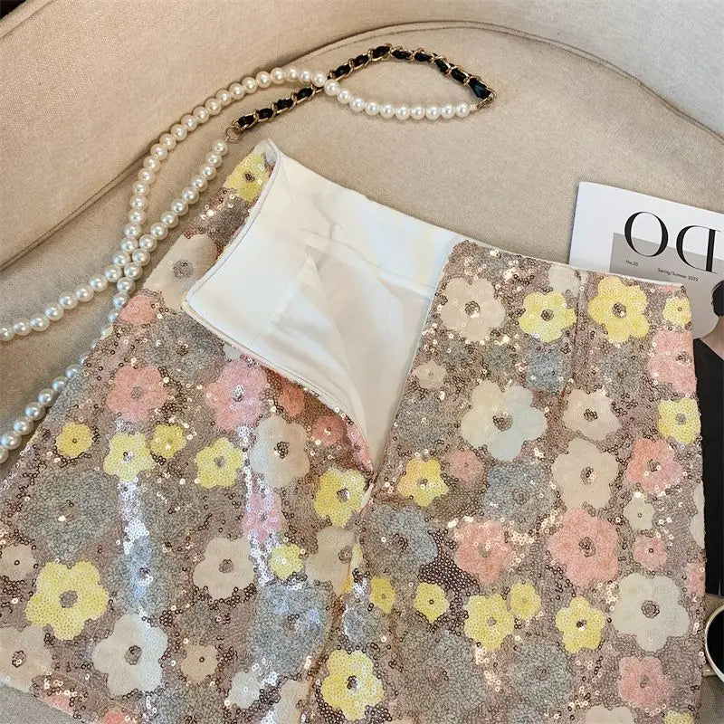 Skirt Western-style high-end waist slim anti-exposure summer and autumn heavy industry silver sequined flower temperament skirt