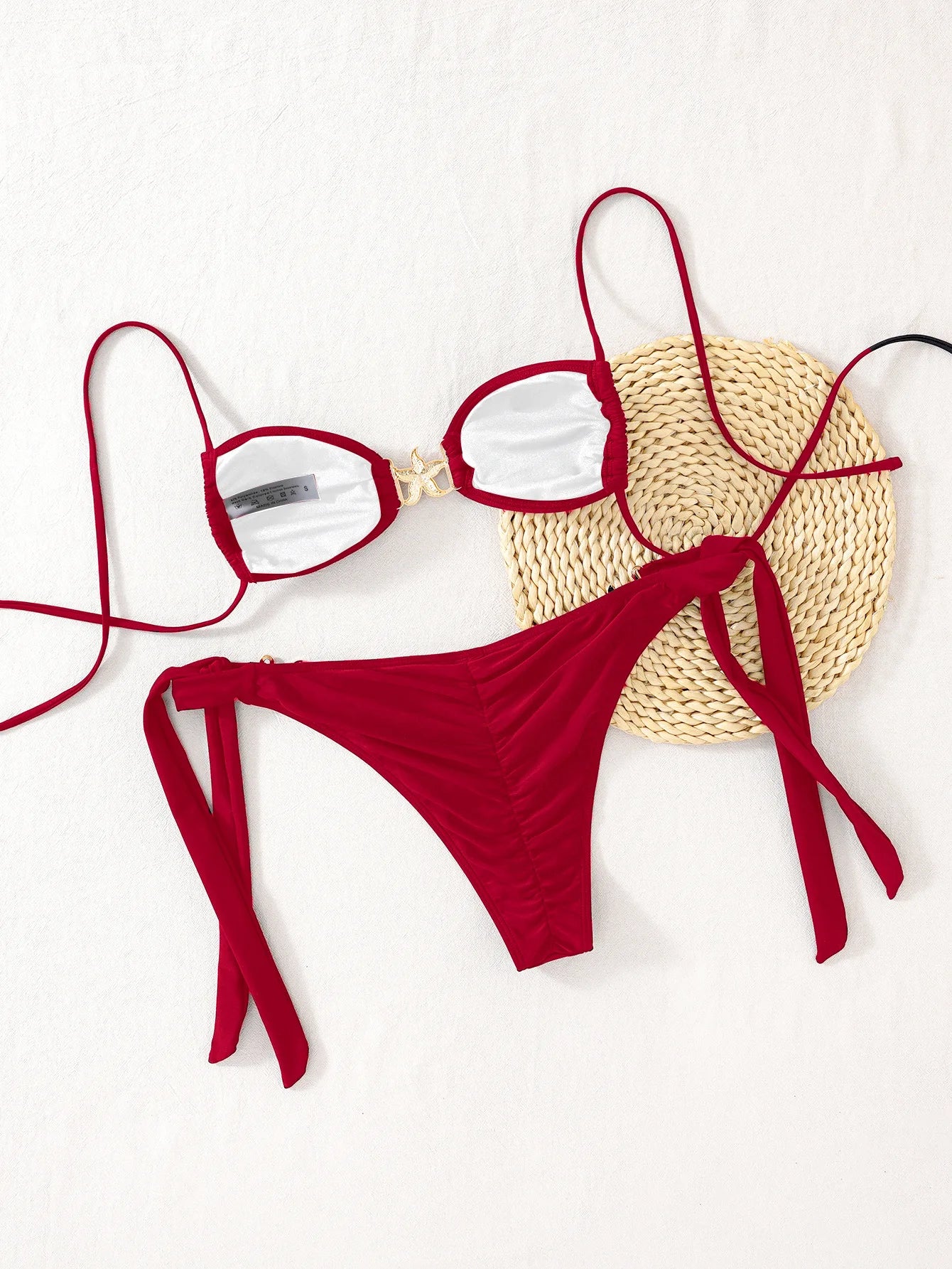 2025 Sexy Women's Bikini Set - Adjustable Tie Side Bandage Triangle Top & Low Rise Bottom with Starfish Metal Drawstring Summer