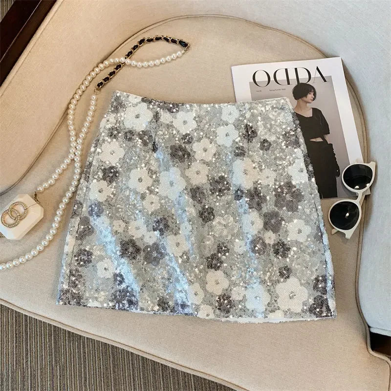Skirt Western-style high-end waist slim anti-exposure summer and autumn heavy industry silver sequined flower temperament skirt