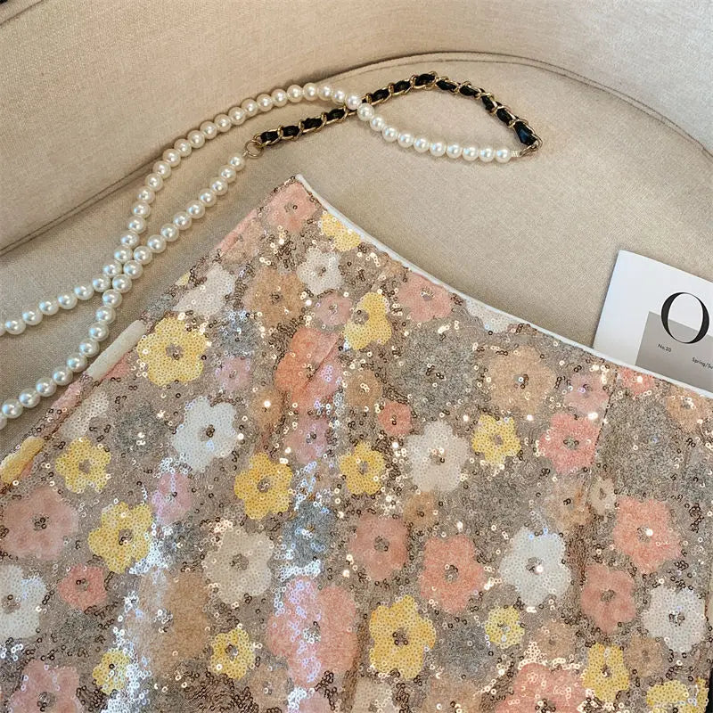 Skirt Western-style high-end waist slim anti-exposure summer and autumn heavy industry silver sequined flower temperament skirt