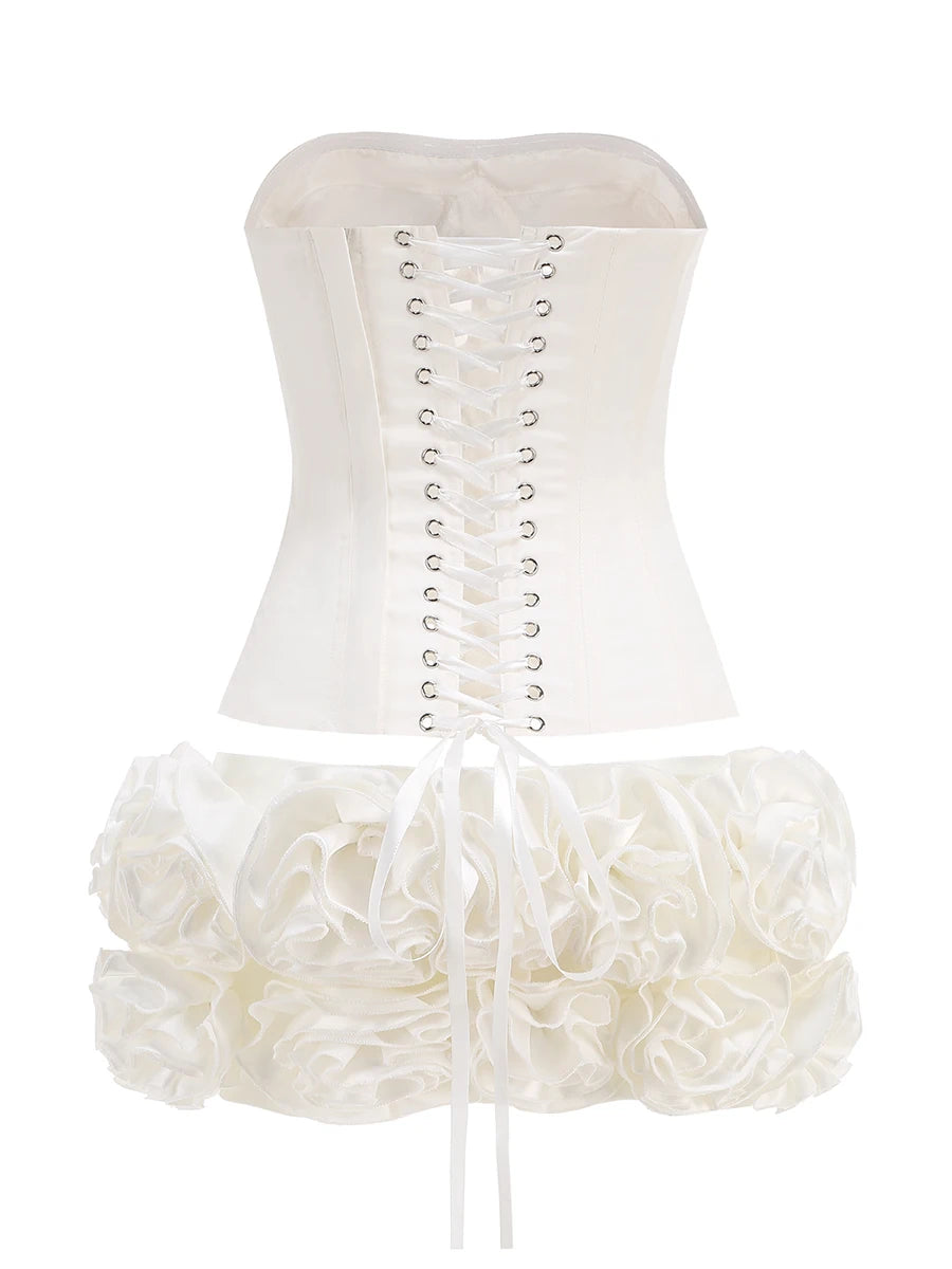 VC Christmas Dress Strapless Red Structured Top With Floral Embellished Mini Skirt Bodycon Celebrity Party Cocktail 2 Pieces Set