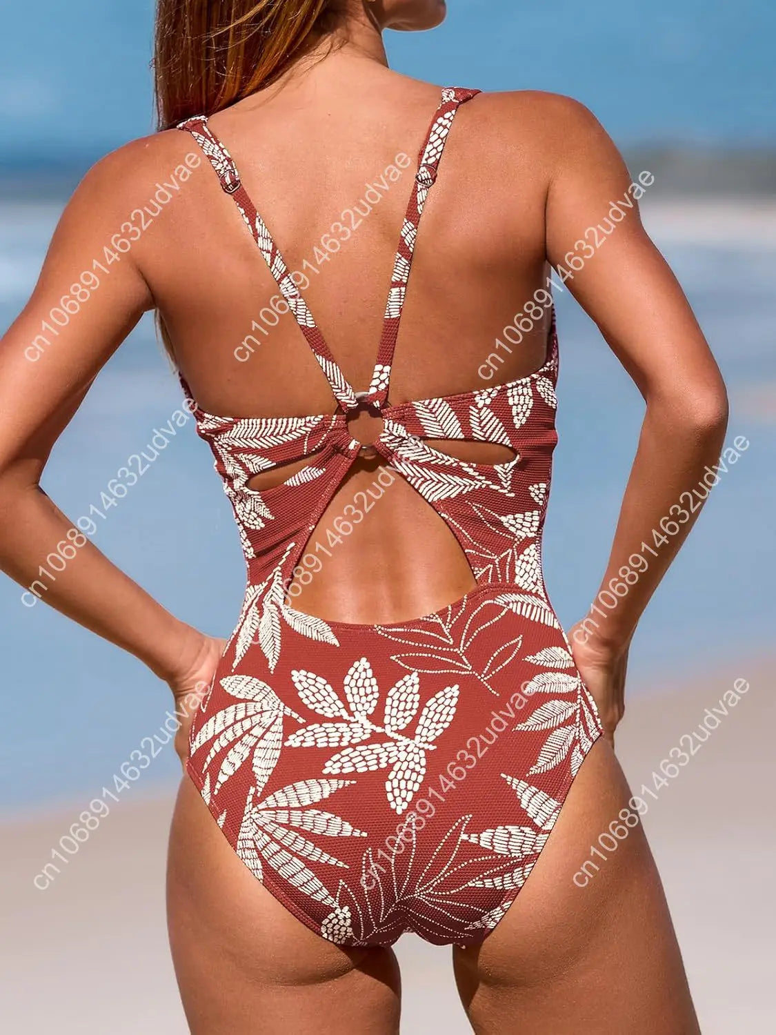 Women's One Piece Swimsuit Deep V Neck Keyhole Cutout O Ring Textured Bathing Suit