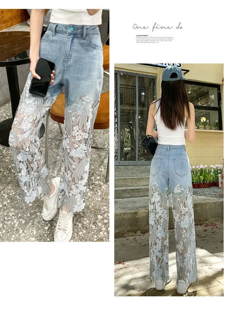 Lace Patchwork Hollow Niche Jeans Women's Summer New Fashion Straight Barrel Slim-fit Retro Casual Loose Denim Long Pants Y2k