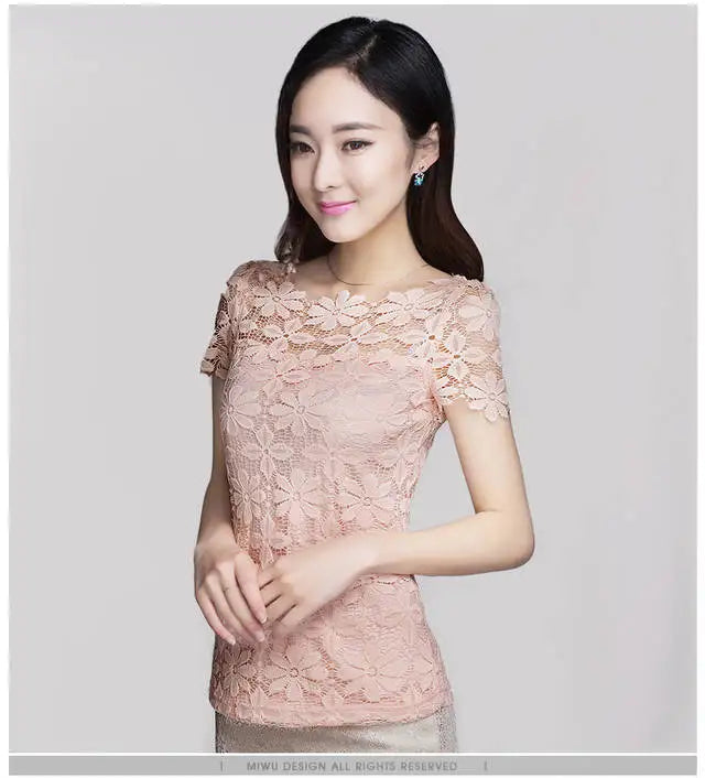 Summer Lace Women Blouse Shirt Casual Solid Hollow Clothing Top