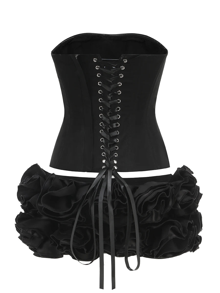 VC Christmas Dress Strapless Red Structured Top With Floral Embellished Mini Skirt Bodycon Celebrity Party Cocktail 2 Pieces Set