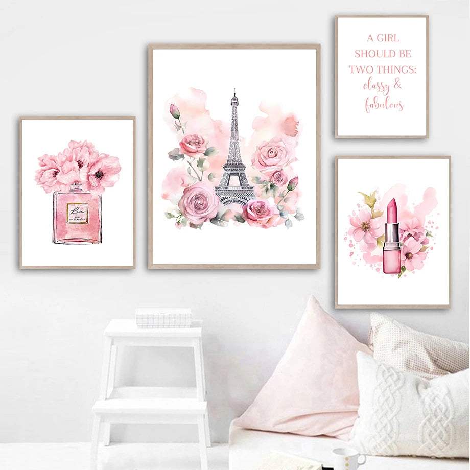 Paris Fashion Art Poster Pink Eiffel Tower Perfume Bottle Wall Art Canvas Painting Nordic Poster Home Living Room Decor