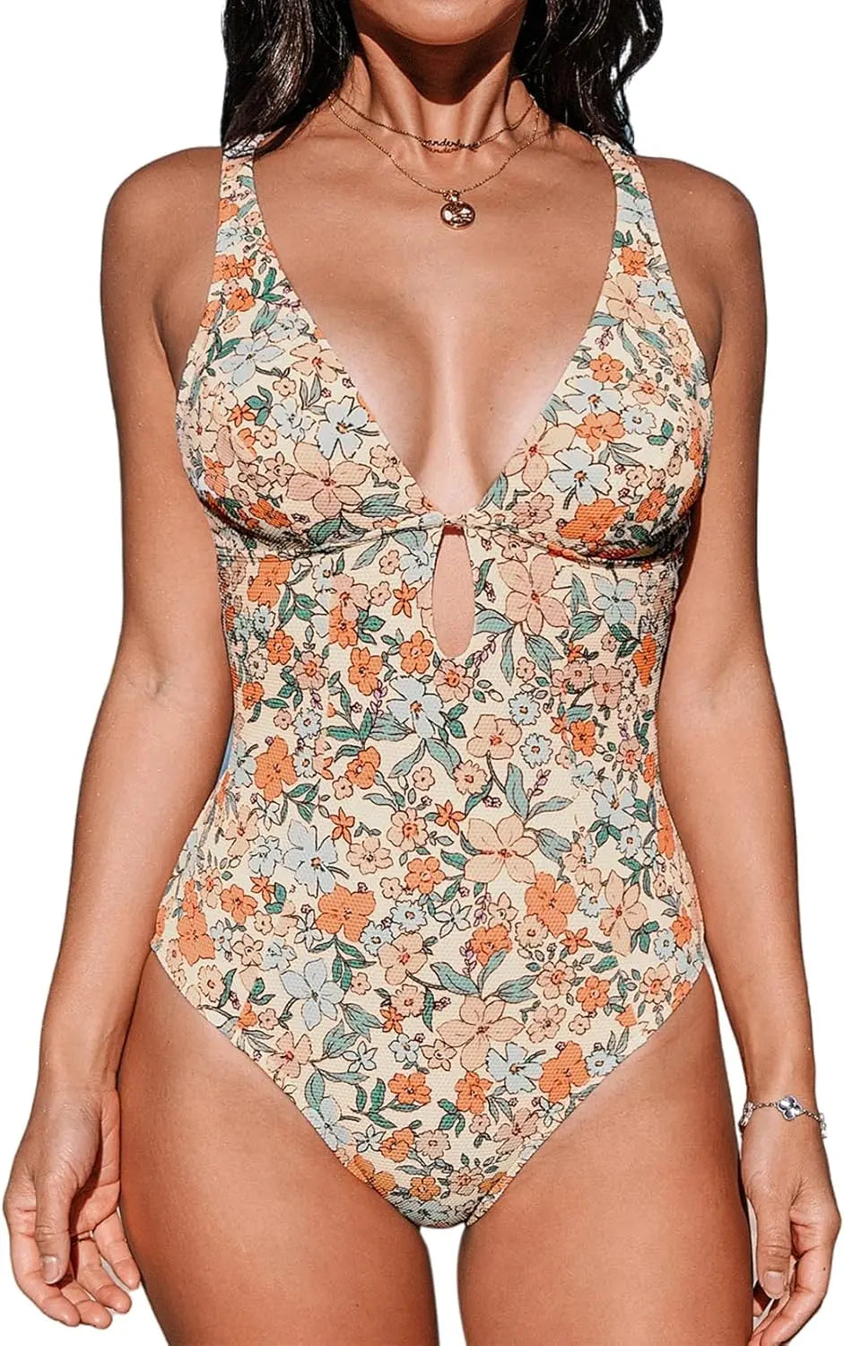 Women's One Piece Swimsuit Deep V Neck Keyhole Cutout O Ring Textured Bathing Suit